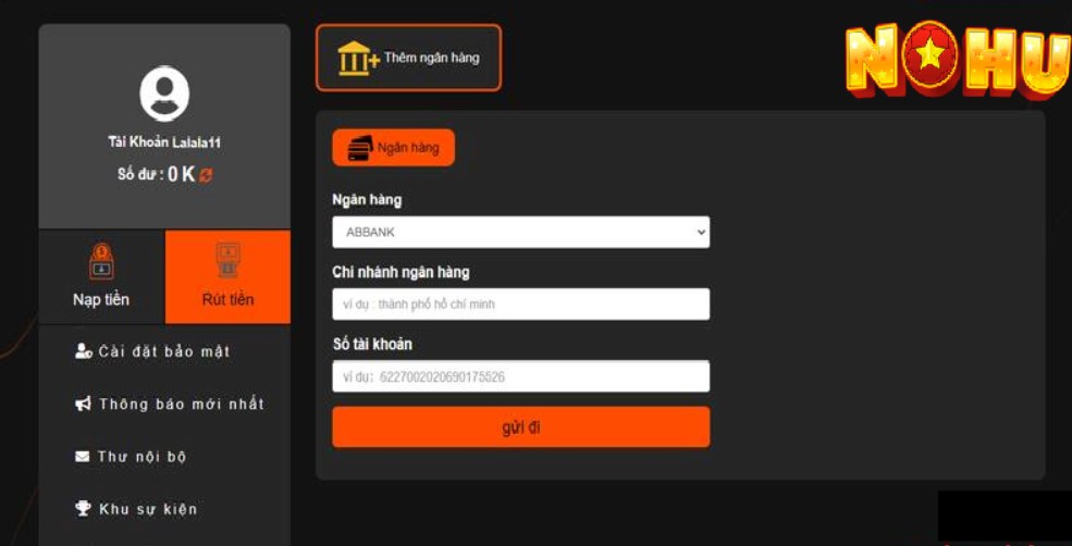 Rút tiền NOHU90 thông qua tài khoản ngân hàng